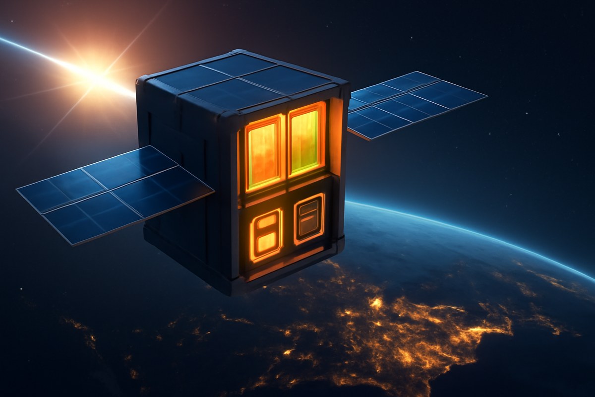 A small low-Earth-orbit satellite with solar panels and glowing AI compute modules above Earth’s night-side power grids and data centers.