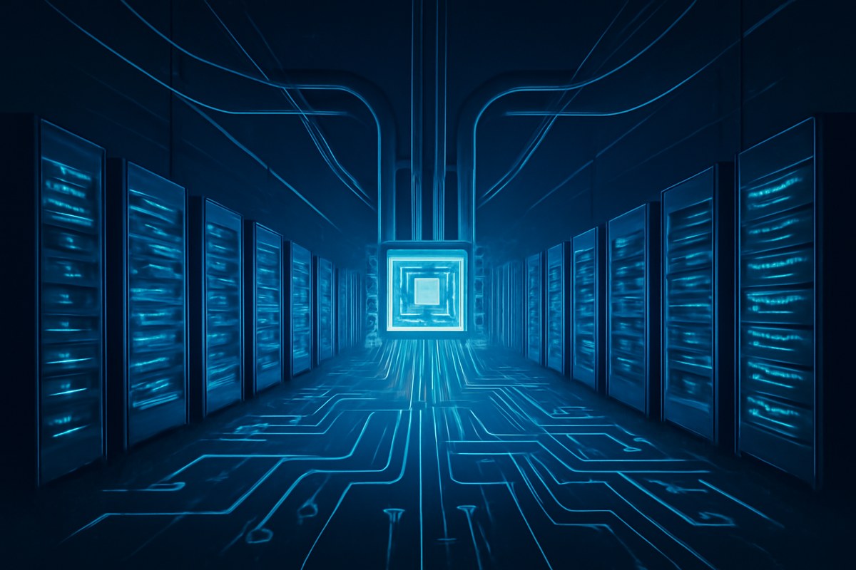 A futuristic data center at night with glowing server racks, abstract chiplet patterns, cooling pipes and power lines converging into a central AI inference system.