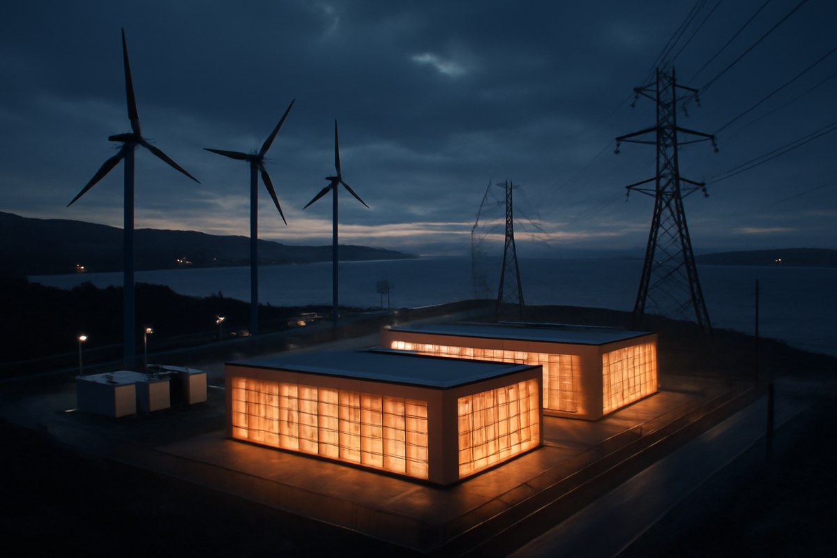 A coastal Nova Scotia industrial campus at dusk with glowing server halls, wind turbines, battery containers, transmission lines, and harbor infrastructure, conveying the tension between AI compute growth and energy systems.