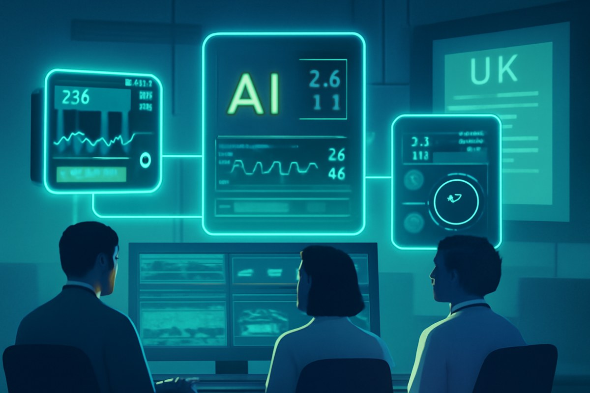 Editorial image of a hospital AI control room with clinicians and regulators watching lifecycle safety dashboards for adaptive medical devices.