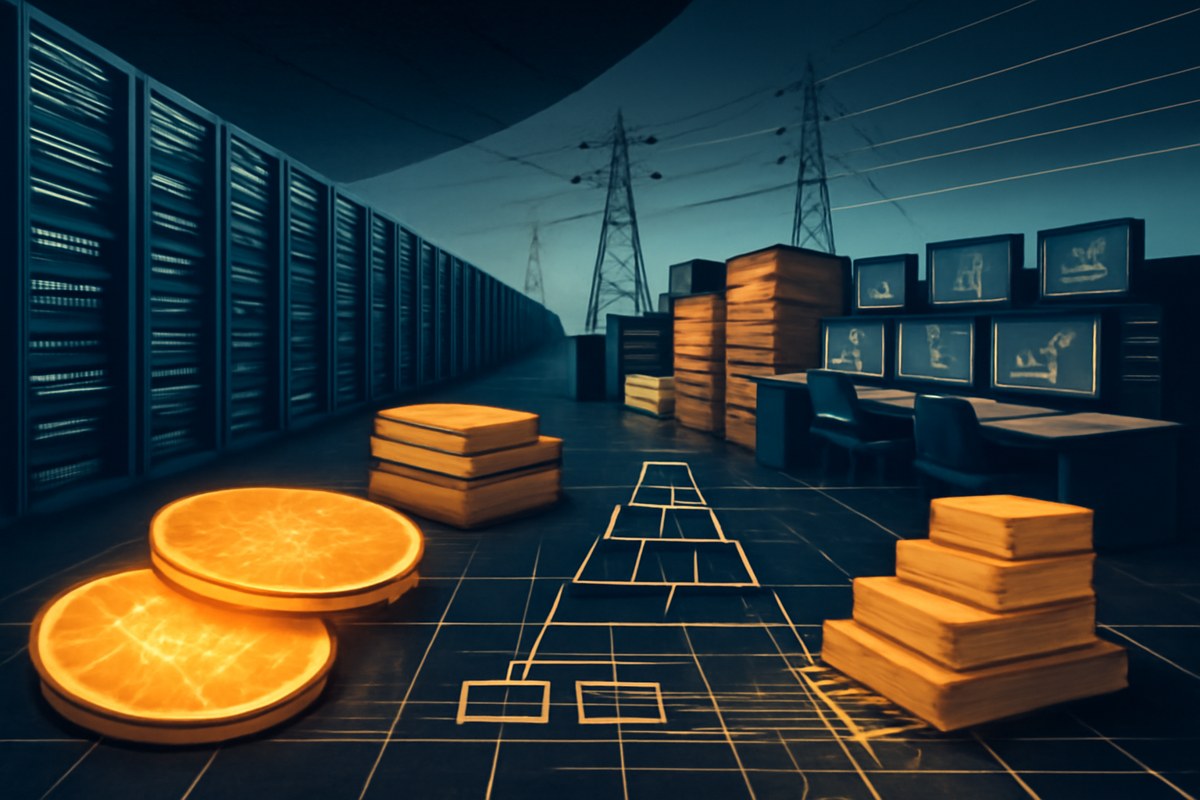 Editorial illustration of an AI data center floor blending into a Wall Street credit desk, with server racks, chip wafers, debt tranches and power lines forming one financial infrastructure grid.