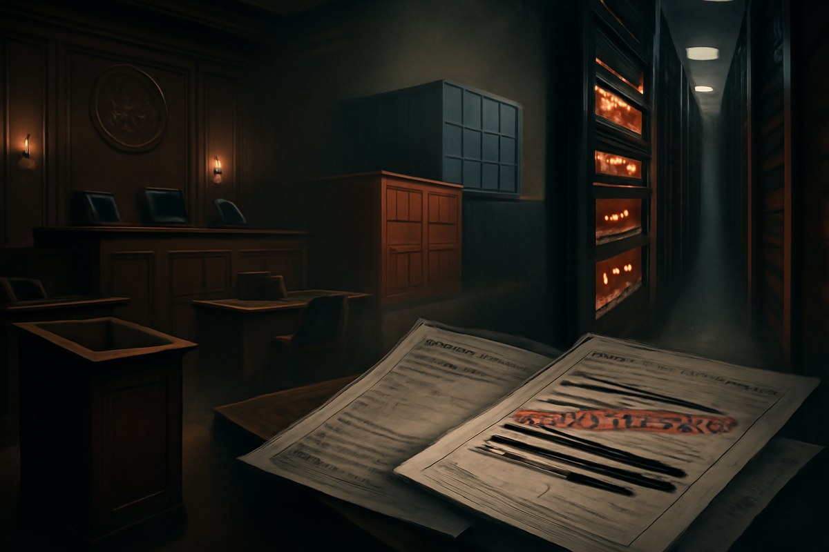 Editorial illustration of a federal courtroom fading into a data-center aisle with anonymous server racks, GPU trays, shipping containers and redacted export-control paperwork.