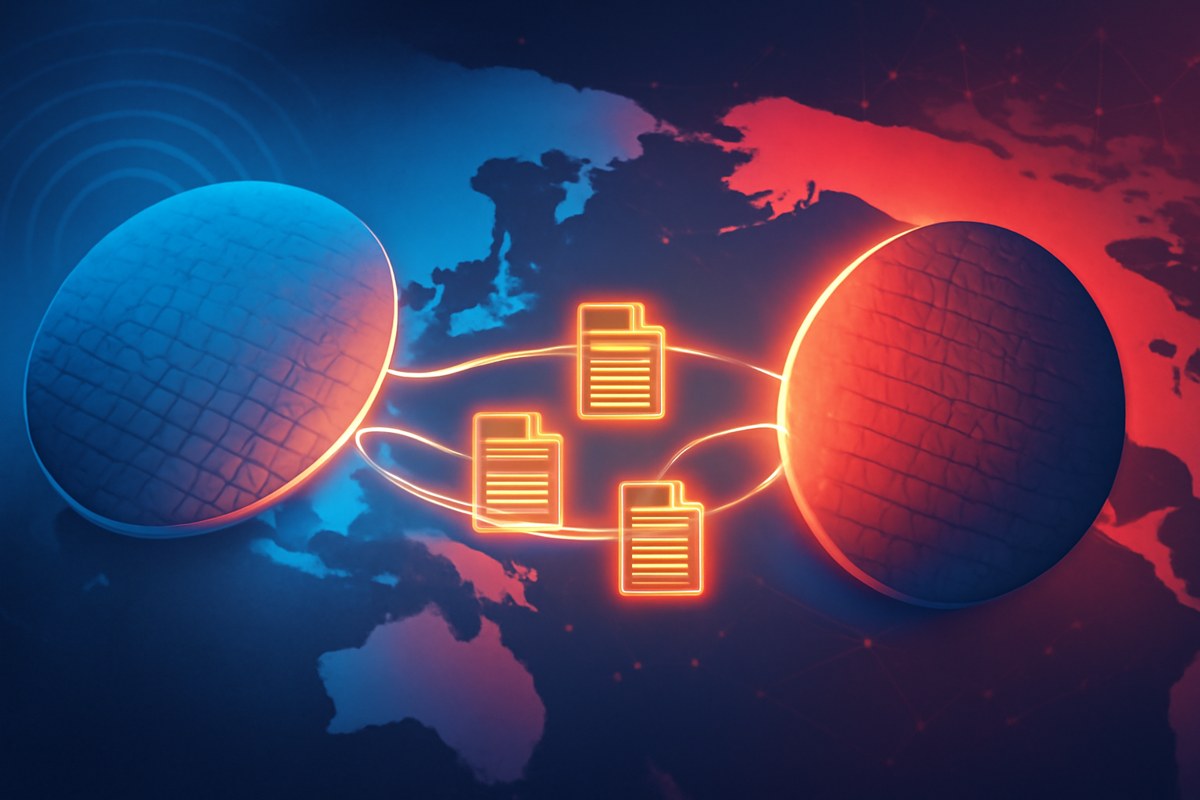 Abstract semiconductor wafers linked by glowing patent-document pathways across a Pacific map, with subtle 5G waves and AI network lines in blue and red geopolitical lighting.