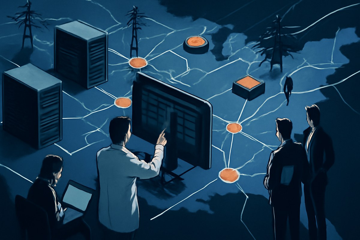An editorial illustration of server racks, accelerator chips and power-grid lines connected across a national network, with researchers and startups accessing shared AI compute through a central scheduler interface.
