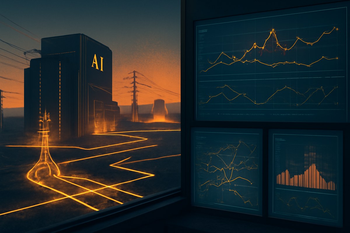 AI data center connected by transmission lines to upgraded nuclear plants and regional grid-control screens at dusk.