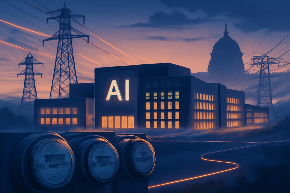 Editorial illustration of an AI data center campus connected to high-voltage transmission lines, with a Capitol-like silhouette in the distance and household meters in the foreground.