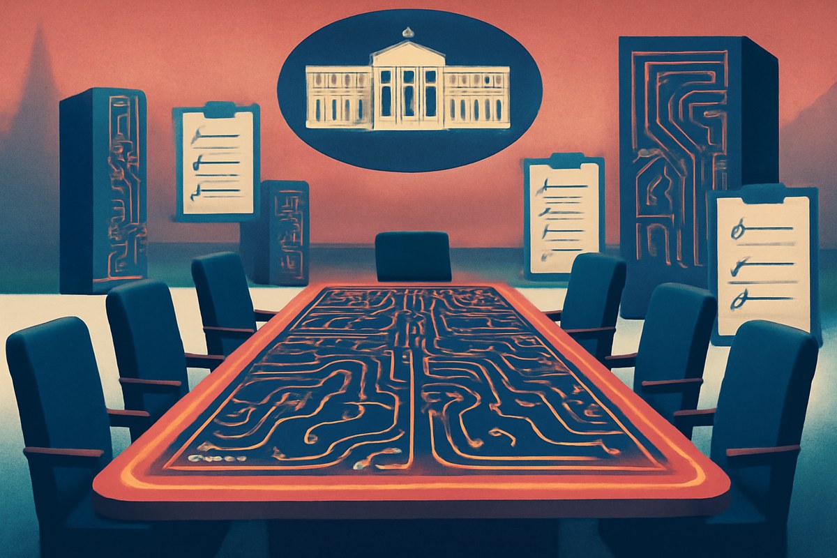 An editorial illustration of a White House conference table reimagined as a glowing circuit-board control panel, surrounded by abstract AI server towers and audit checklists in muted red, white and blue tones.