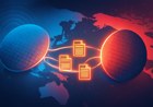 Abstract semiconductor wafers linked by glowing patent-document pathways across a Pacific map, with subtle 5G waves and AI network lines in blue and red geopolitical lighting.