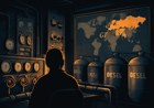 Strategic fuel reserve control room with gauges, pipeline valves, diesel storage tanks, and a world map highlighting G7 countries in a tense geopolitical setting.