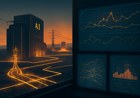 AI data center connected by transmission lines to upgraded nuclear plants and regional grid-control screens at dusk.