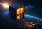 A small low-Earth-orbit satellite with solar panels and glowing AI compute modules above Earth’s night-side power grids and data centers.