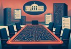 An editorial illustration of a White House conference table reimagined as a glowing circuit-board control panel, surrounded by abstract AI server towers and audit checklists in muted red, white and blue tones.