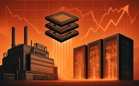 A serious editorial illustration showing a South Korean semiconductor fabrication plant, stacked memory chips and glowing AI data-center racks connected by supply-chain pressure lines and financial chart contours.