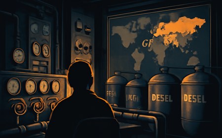Strategic fuel reserve control room with gauges, pipeline valves, diesel storage tanks, and a world map highlighting G7 countries in a tense geopolitical setting.