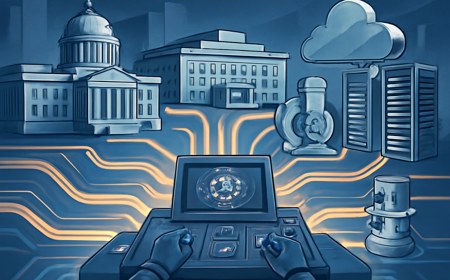 Abstract federal research grid showing government buildings, national lab instruments, cloud racks and data streams converging into a central scientific control console.