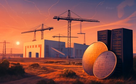 Editorial illustration of a Texas semiconductor supplier park with clean-room buildings, power lines, cranes, server racks, silicon wafers and subtle Taiwan-to-U.S. supply-chain lines.