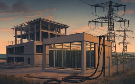 A half-built AI data center campus near an idle electrical substation at dusk, with dark server racks and unfinished power connections suggesting grid-delay risk.