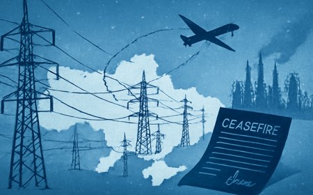 Editorial illustration of Ukraine and western Russia in winter tones, with power-grid lines, refinery silhouettes, drone paths, and a diplomatic ceasefire document.