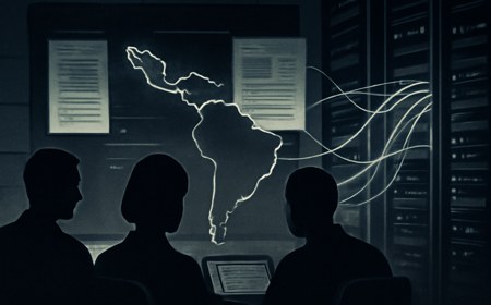 Editorial illustration of synthetic journalist silhouettes, ghostly article drafts, a Latin America map outline, and signal lines moving through AI server racks inside a dark newsroom-style control room.