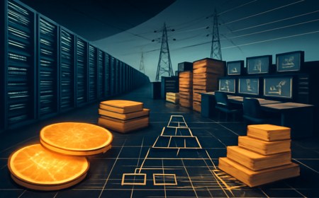 Editorial illustration of an AI data center floor blending into a Wall Street credit desk, with server racks, chip wafers, debt tranches and power lines forming one financial infrastructure grid.