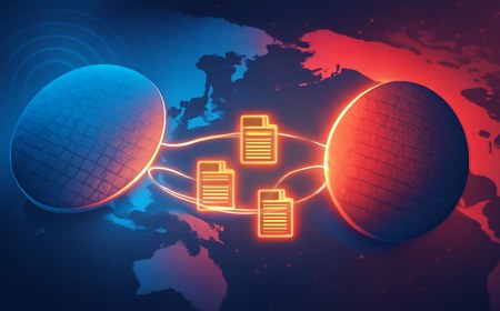 Abstract semiconductor wafers linked by glowing patent-document pathways across a Pacific map, with subtle 5G waves and AI network lines in blue and red geopolitical lighting.