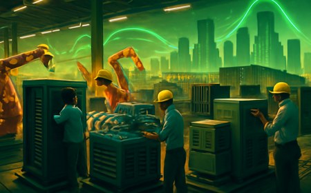 Editorial illustration of an Indian AI-infrastructure factory assembling server racks, cooling manifolds, power-distribution units and transformers for hyperscale data centers.