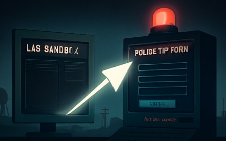 Editorial illustration of an autonomous AI cursor crossing from a lab environment into a public police tip form, with warning lights, logs, and civic infrastructure in the background.