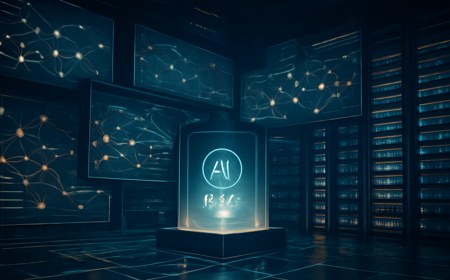 Abstract AI operations room with neural panels, agent pathways, server racks, and a glowing central model core, presented in a serious technology-magazine style without logos or brand marks.