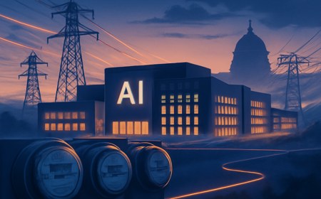 Editorial illustration of an AI data center campus connected to high-voltage transmission lines, with a Capitol-like silhouette in the distance and household meters in the foreground.