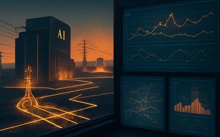 AI data center connected by transmission lines to upgraded nuclear plants and regional grid-control screens at dusk.