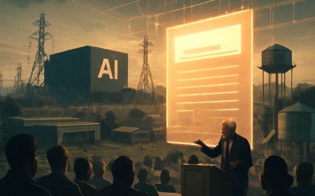 Editorial illustration of a large AI data center near a town, with transmission lines, water infrastructure, a community college, and residents at a public meeting around a glowing permit document and grid map overlay.