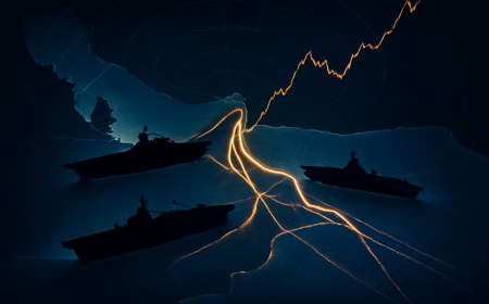 Three silhouetted U.S. carrier groups positioned on a dark Middle East sea-map near glowing Strait of Hormuz shipping lanes, with radar arcs and oil-price lines in the background.