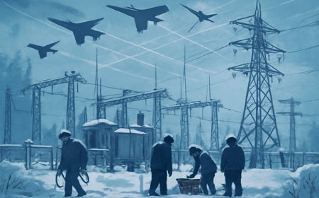 Editorial illustration of winter repair crews at a Kyiv power substation with abstract drone-interceptor silhouettes and European defense supply lines in the background.