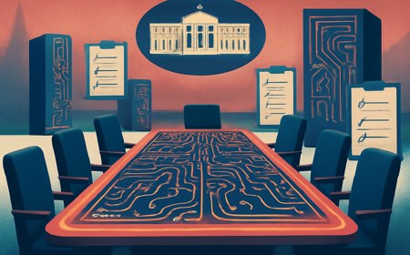 An editorial illustration of a White House conference table reimagined as a glowing circuit-board control panel, surrounded by abstract AI server towers and audit checklists in muted red, white and blue tones.
