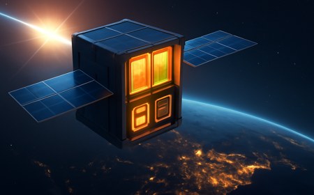 A small low-Earth-orbit satellite with solar panels and glowing AI compute modules above Earth’s night-side power grids and data centers.