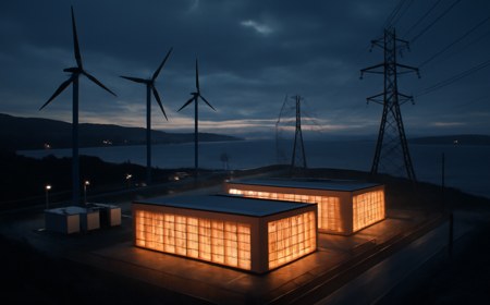 A coastal Nova Scotia industrial campus at dusk with glowing server halls, wind turbines, battery containers, transmission lines, and harbor infrastructure, conveying the tension between AI compute growth and energy systems.