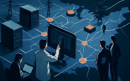 An editorial illustration of server racks, accelerator chips and power-grid lines connected across a national network, with researchers and startups accessing shared AI compute through a central scheduler interface.