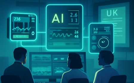 Editorial image of a hospital AI control room with clinicians and regulators watching lifecycle safety dashboards for adaptive medical devices.