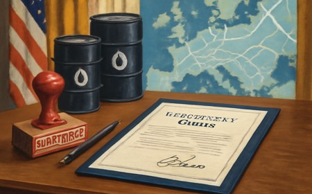 Editorial illustration of a White House desk with a signed executive order, a red sanctions stamp pushed aside, oil barrels, and a winter map of Europe in the background.