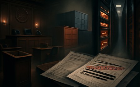 Editorial illustration of a federal courtroom fading into a data-center aisle with anonymous server racks, GPU trays, shipping containers and redacted export-control paperwork.