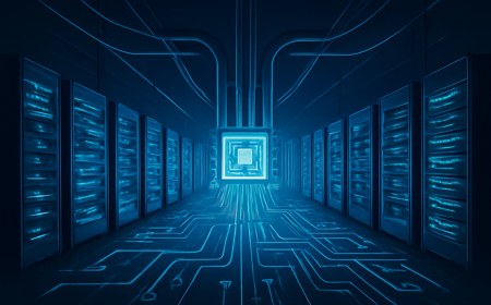 A futuristic data center at night with glowing server racks, abstract chiplet patterns, cooling pipes and power lines converging into a central AI inference system.