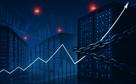A nighttime AI data center with glowing server rows, abstract bond-market charts, rising yield lines, warning lights and debt chains around GPU racks.